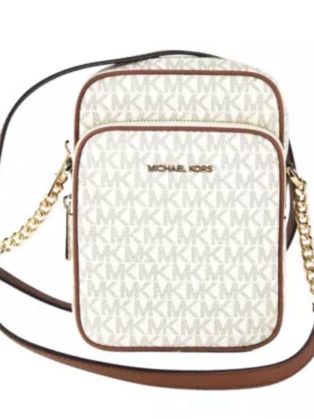 Michael Kors White MK Signature Crossbody with Brown Trim and Gold Hardware